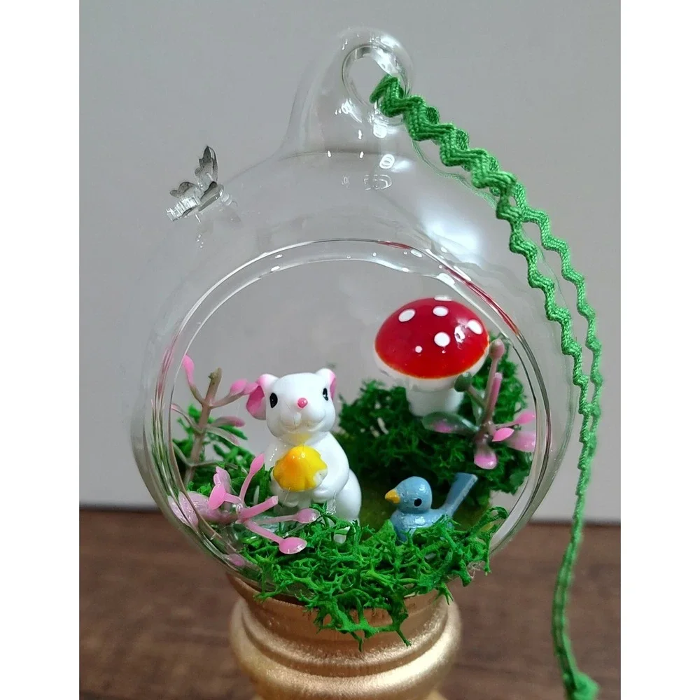 Handmade Glass Diorama Christmas Ornament Terrarium Fairy Garden Bunny Mushroom